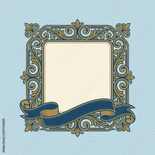 An ornate vintage frame with a blank banner for custom text