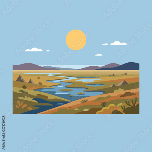 A flat vector landscape with a river and sun