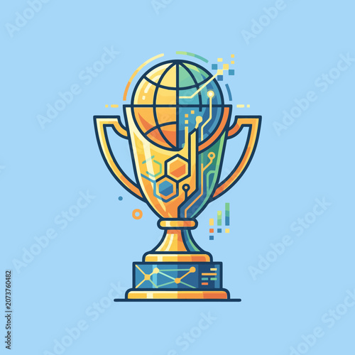 A golden trophy cup features digital globe and circuit patterns