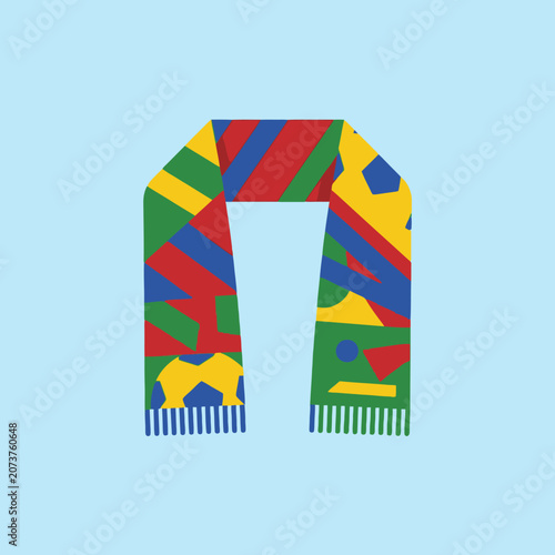 Colorful sports fan scarf with geometric patterns on blue background