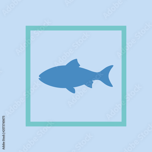 A blue fish silhouette inside a teal square frame
