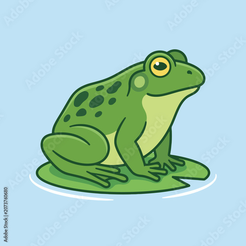 A cute green frog sits on a lily pad in water