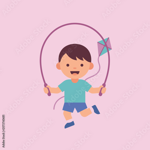 A happy young boy jumping with a purple skipping rope toy