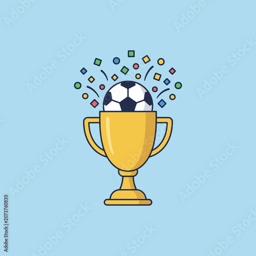 A golden trophy cup with a soccer ball and confetti