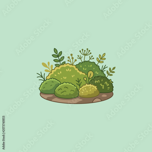 A small cluster of green bushes grows on the brown earth