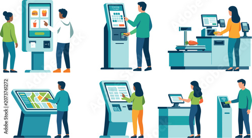 Фотография People using self service kiosks collection with touchscreen terminals digital p