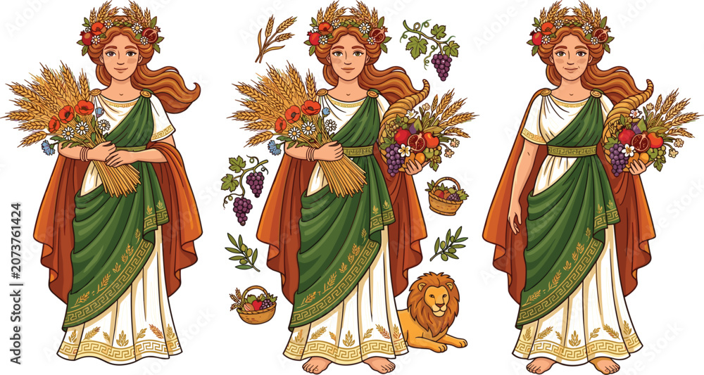 Fototapeta premium Demeter goddess of harvest and agriculture character collection with wheat fruits floral wreath and Greek mythology vector illustration