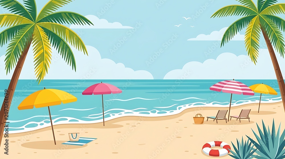 Obraz premium Tropical Beach Paradise with Palm Trees, Umbrellas, and Ocean Waves Illustration