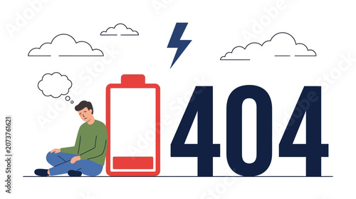 Slika na platnu Man sits next to low battery icon with error code 404 appearing under stormy wea