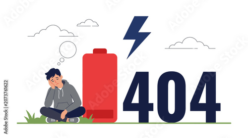 Obraz na plátne A man sits next to a large red battery with a lightning bolt above, feeling frustrated