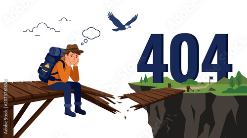 Canvastavla Man sits on broken bridge contemplating 404 error with worried expression and bird flying