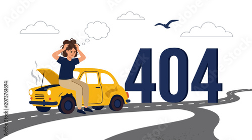 Konstfotografi Man frustrated with broken down car on road with 404 error sign nearby outside