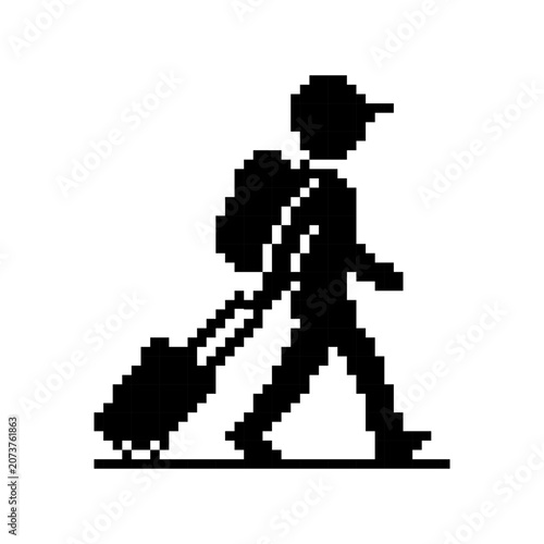 Pixel art traveler pulling suitcase