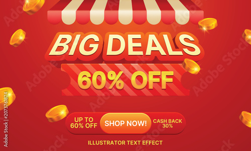 Big Deals Sale Banner with Red Background, Coins, and Store Awning. Big Deals Discount Promotion Design with 3D Typography
