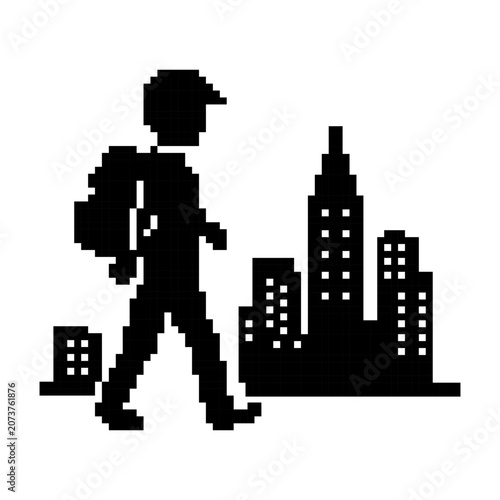 Pixel art traveler city skyline