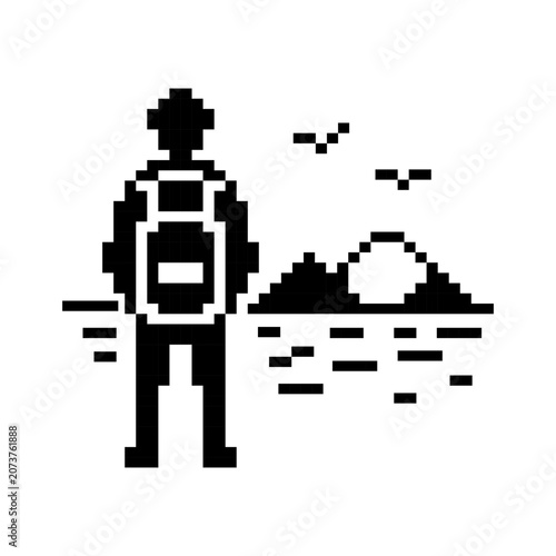 Pixel art traveler sunset landscape