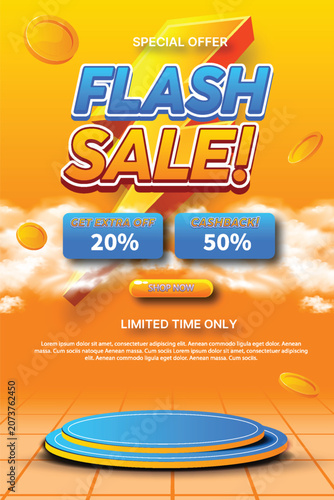 Flash Sale Promotional Poster with Orange Background and Product Podium. Modern Flash Sale Banner Template with Discount Offer