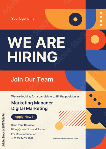 Modern We Are Hiring Poster Template with Orange and Navy Geometric Design. Professional Job Vacancy Flyer with Modern Geometric Layout. Creative Recruitment Flyer with Bold Typography and Abstract