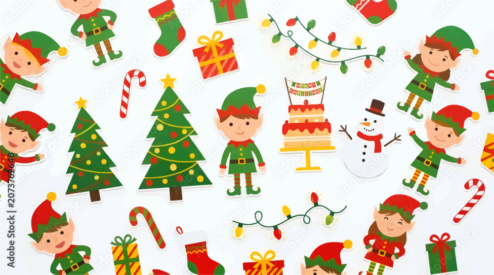 Naklejka premium Cute Flat Vector Christmas Elves and Festive Elements Including Trees, Snowman, Cake, Lights, Stockings and Gifts, White Background