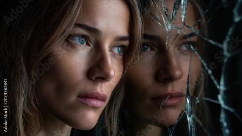 A fractured mirror reflecting two versions of the same woman