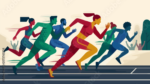 Quadro su tela Diverse Group of Stylized Runners Competing on a Track, Flat Vector Illustration