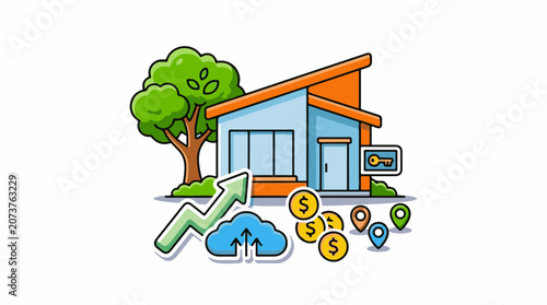 A cartoon-style modern house with a tree growth graph and coins