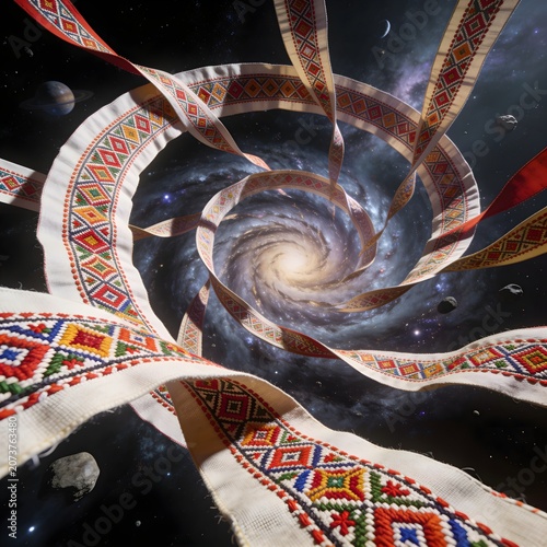 Floating Belarusian Fabric Galaxy Formed by Endless Folk Patterns