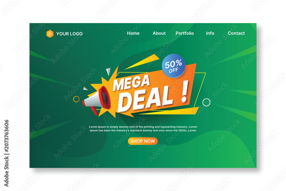 Fototapeta premium Mega Deal Promotional Banner with Megaphone and Green Background. Limited Offer Mega Deal Web Banner with Discount Badge