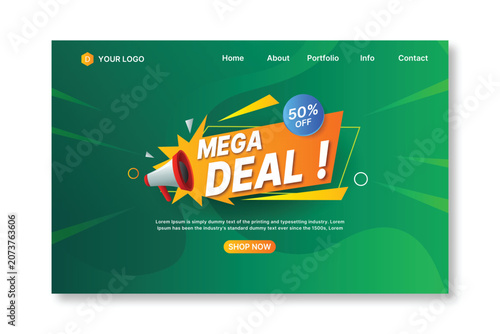 Mega Deal Promotional Banner with Megaphone and Green Background. Limited Offer Mega Deal Web Banner with Discount Badge