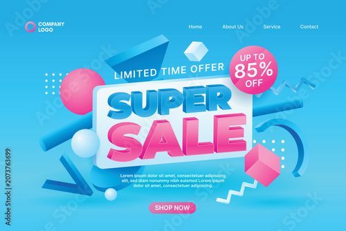 3D Super Sale Promotional Banner with Blue Pink Abstract Elements. Modern E-commerce Sale Banner with 3D Text Effect