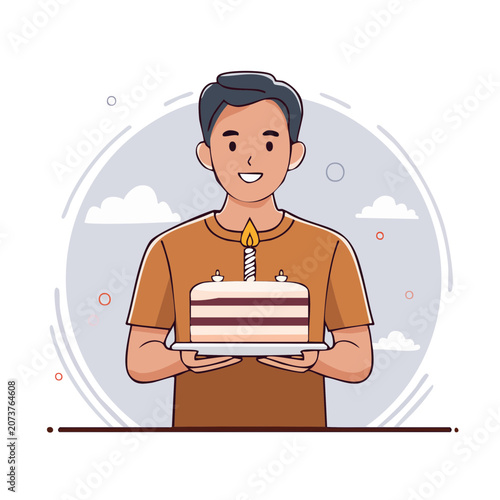 Man holding birthday cake with lit candle, flat vector illustration