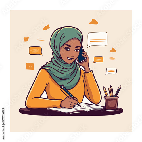 Woman in hijab talking on phone and writing at desk