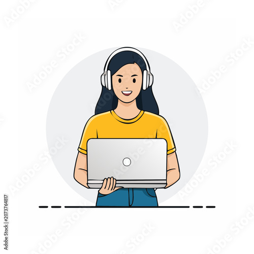 Woman with laptop and headphones in flat vector style