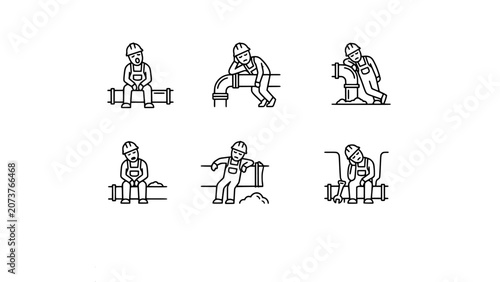 Slika na platnu Icon set collection of tired construction workers sitting and resting on large industrial pipes during a busy workday shift