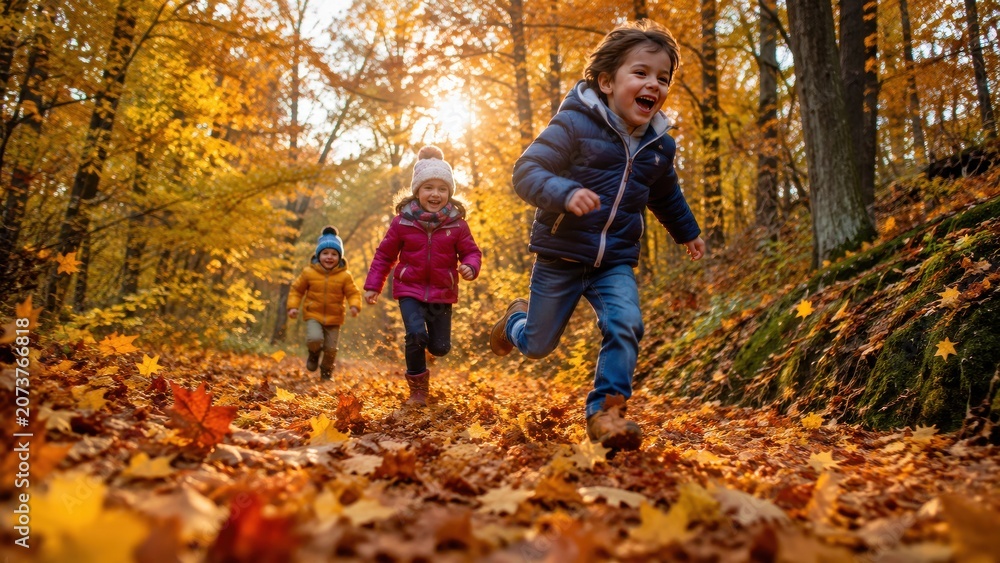 Naklejka premium Energetic Young Children Joyfully Running Through a Vibrant Autumn Forest with Golden Fallen Leaves on a Sunny Day, Perfect for Seasonal Family Mar...