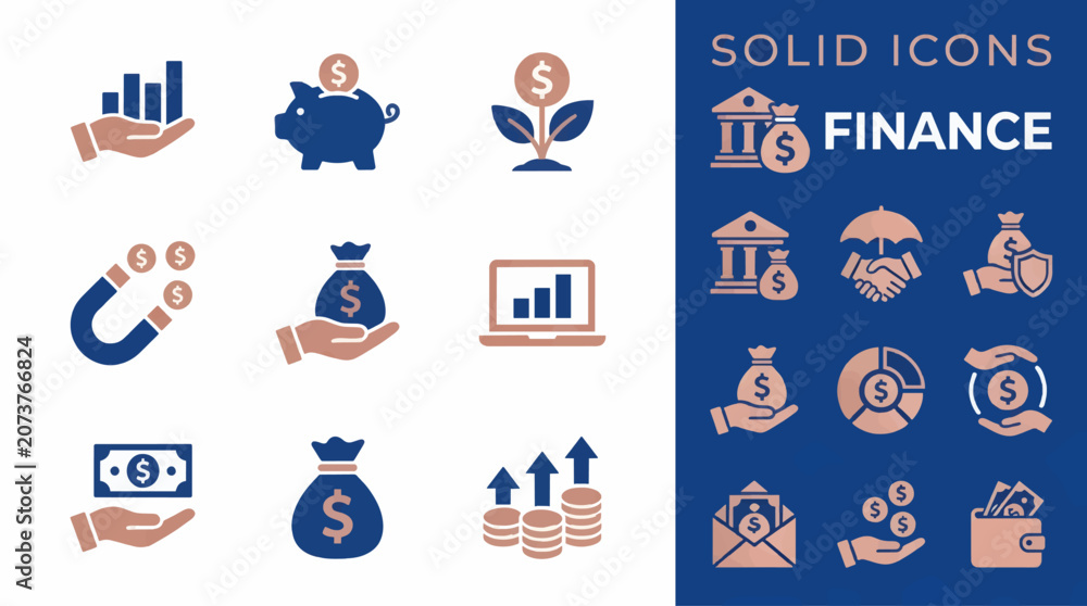Fototapeta premium Flat Vector Finance Icons Set with Solid Graphic Elements in Sapphire and Rose Gold, Business and Money Pictograms for Banking and Investment Concepts