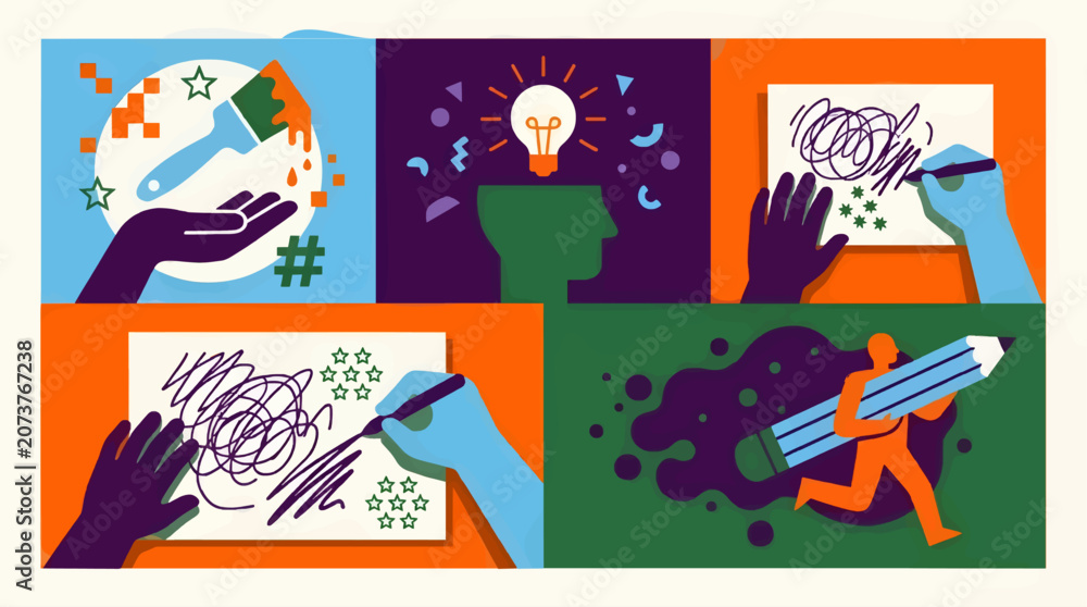 Fototapeta premium Flat Vector Illustration of Creative Process with Four Panels: Painting, Idea Generation, Drawing, Writing, and a Person Running with a Giant Pencil