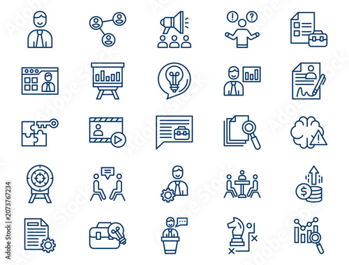 Strategic business consulting outline icon set presents detailed corporate advisory elements. Management concept