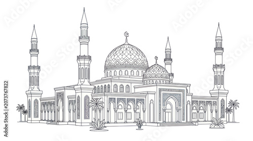 Elegant Mosque Architecture Sketch with Minarets and Domes