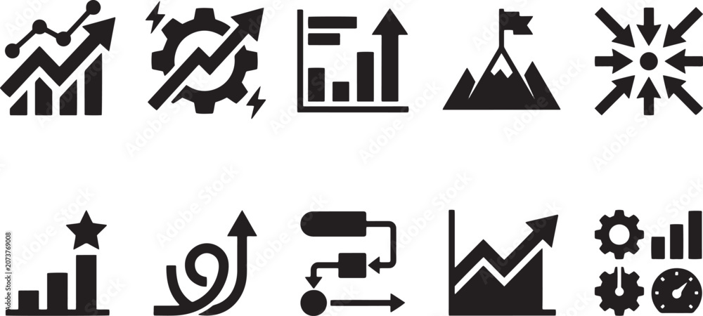 Fototapeta premium Corporate scaling strategies and business revenue generation solid icon set
