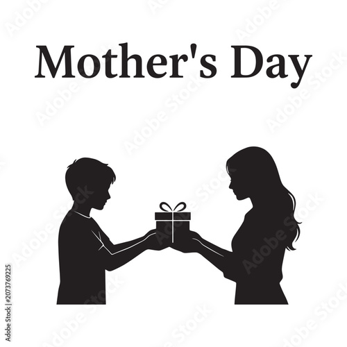 Cuadro en lienzo Child giving gift to mother black silhouette on white background