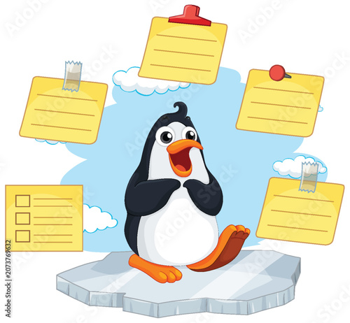 Happy Cartoon Penguin Standing on Ice with Yellow Sticky Notes
