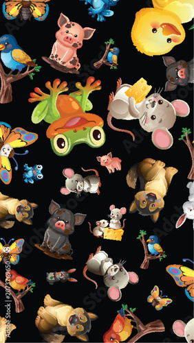 Seamless Cartoon Animal Pattern with Farm and Wildlife Characters
