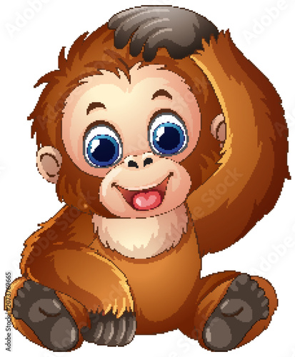 Cute Cartoon Baby Orangutan Sitting and Smiling Vector Illustration