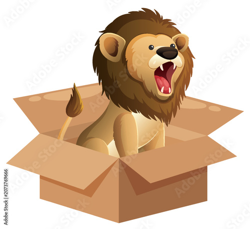 Cartoon Lion Roaring While Sitting Inside an Open Cardboard Box