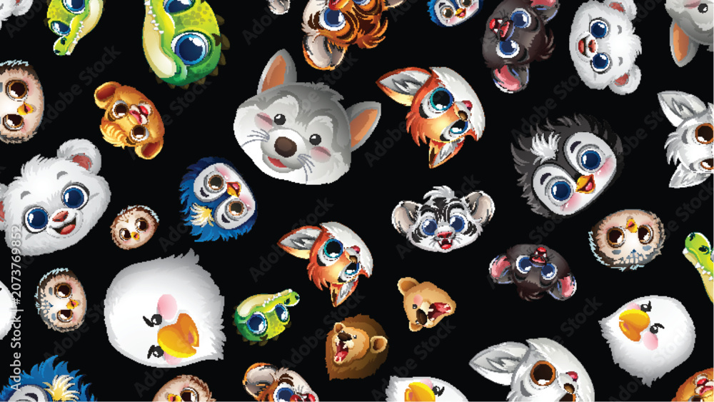 Obraz premium Seamless Pattern of Cute Cartoon Animal Faces on Black Background