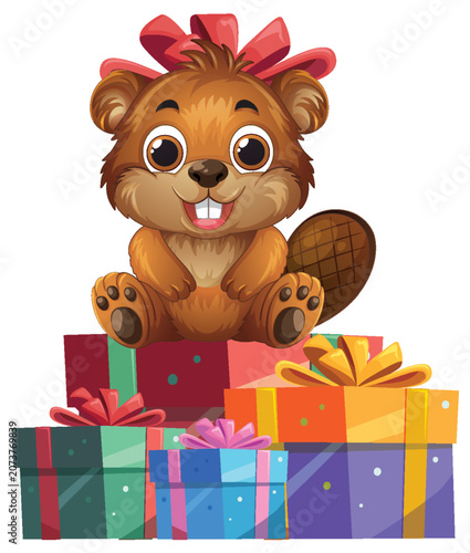 Cute Cartoon Beaver Sitting on a Pile of Colorful Gift Boxes