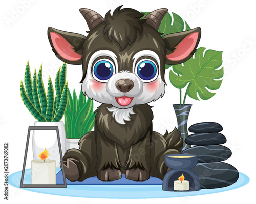 Cute Cartoon Baby Goat Sitting on Yoga Mat with Spa Elements
