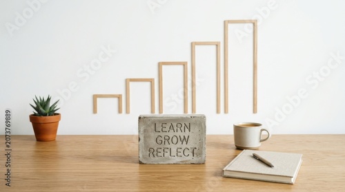 Stone with learn grow reflect message on desk with coffee