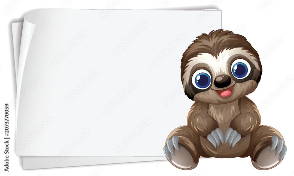 Fototapeta premium Cartoon Sloth Character Sitting Next to Blank White Paper Template